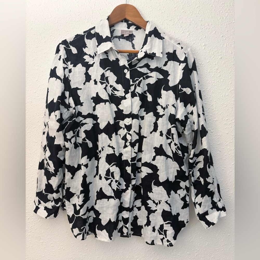 J.Jill Linen Button Front Collared Shirt, White & Black Petite Medium